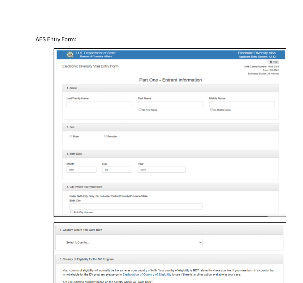 Образец новой анкеты DS-5501: Part One, поля Name, Sex, Birth Date, City of Birth