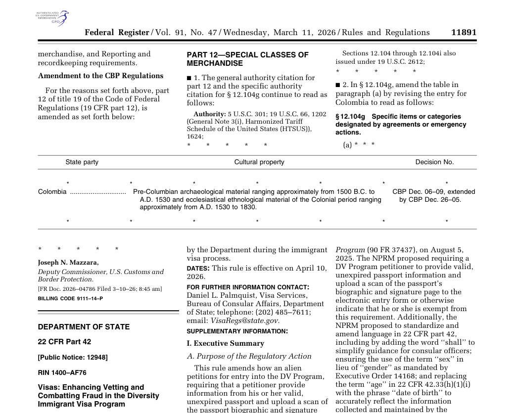 Первая страница правила об обязательном паспорте в Federal Register от 11 марта 2026 года