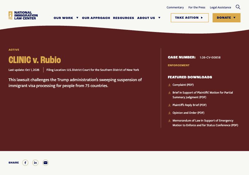 Страница дела CLINIC v. Rubio на сайте National Immigration Law Center