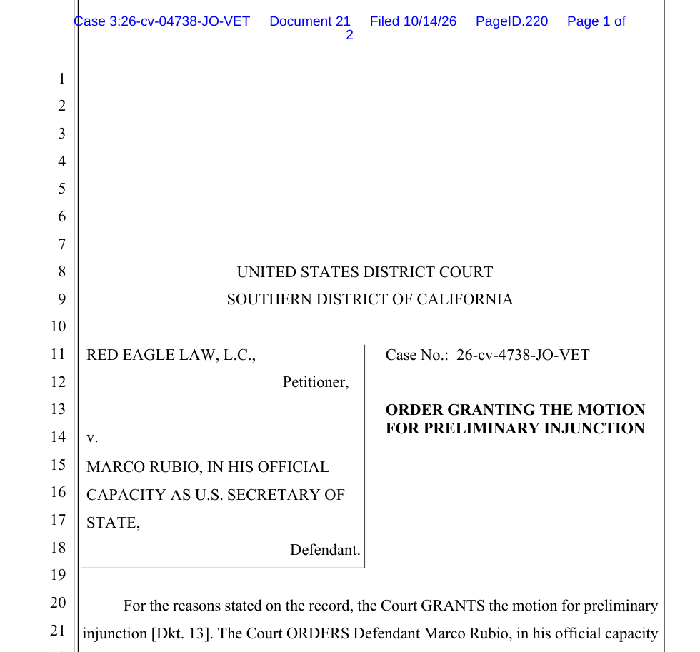 Первая страница приказа суда по делу Red Eagle Law v. Rubio от 14 октября 2026 года
