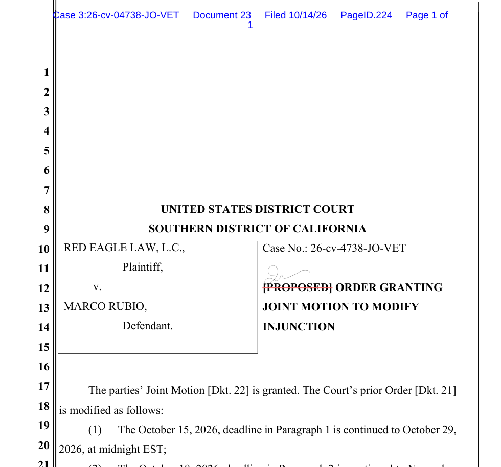 Подписанный приказ об изменении сроков по делу Red Eagle Law v. Rubio, Dkt. 23