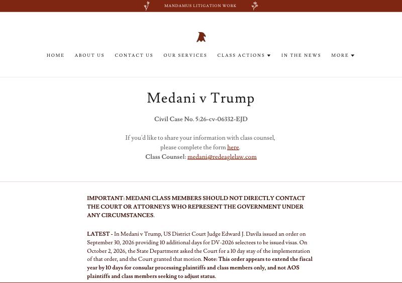 Страница дела Medani v. Trump на сайте адвокатов класса Red Eagle Law